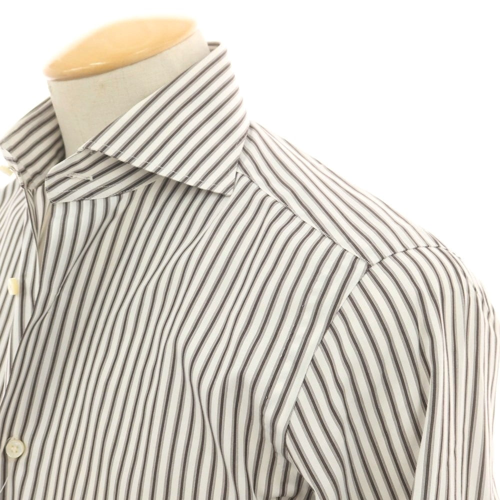 【中古】バルバ BARBA コットン ストライプ ワイドカラー ドレスシャツ ダークブラウンxホワイト【 38 】【 状態ランクB 】【 メンズ 】