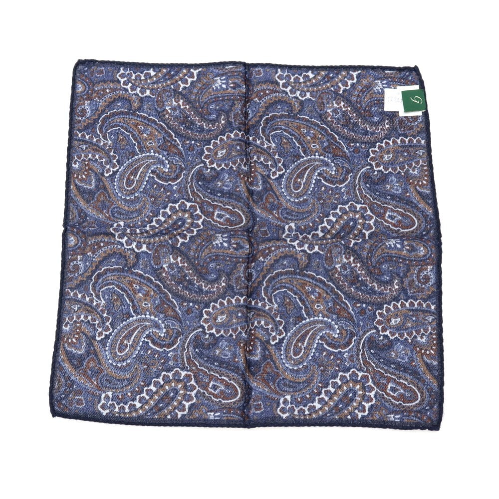【中古】ジエレ GIERRE ウールシルク ペイズリー柄 ポケットチーフ ネイビーxダークブラウン【 状態ランクA 】【 メンズ 】