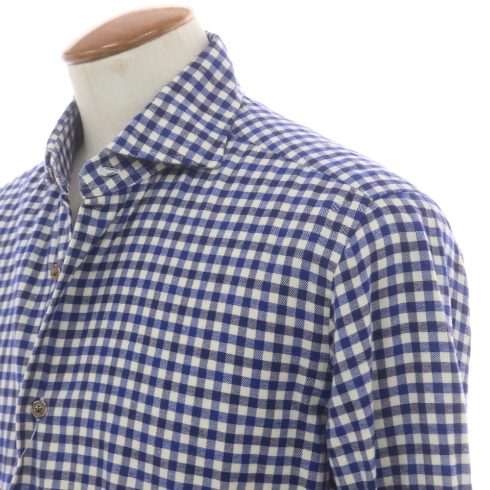【中古】バルバ ダンディライフ BARBA DANDY LIFE コットン チェック ワイドカラー カジュアルシャツ ブルーxネイビー【 40 】【 状態ランクC 】【 メンズ 】