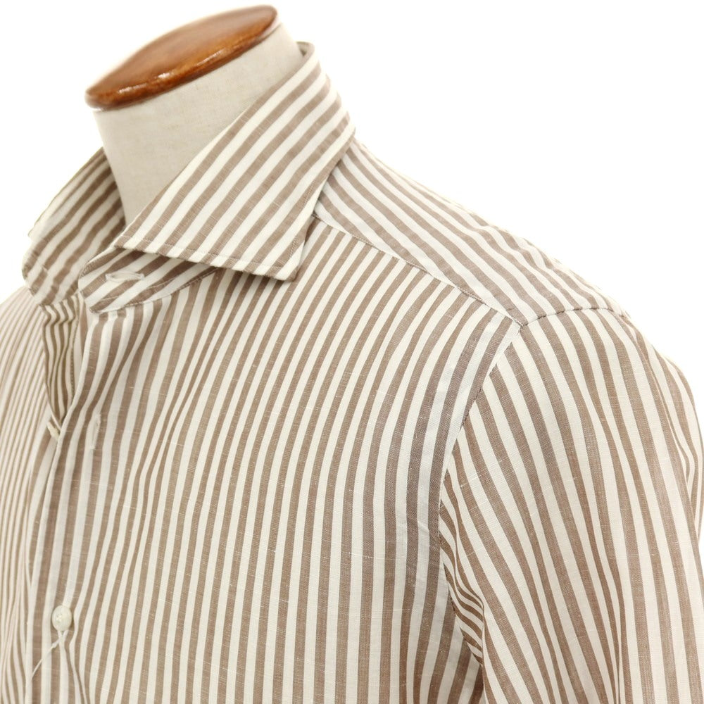 【中古】バルバ ダンディライフ BARBA DANDY LIFE コットンリネン ストライプ ワイドカラー カジュアルシャツ ブラウンxホワイト【サイズ40】【 状態ランクC 】【 メンズ 】
