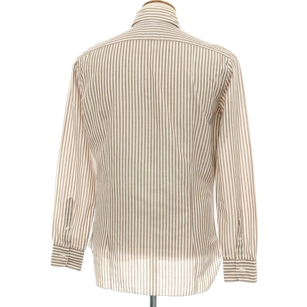 【中古】バルバ ダンディライフ BARBA DANDY LIFE コットンリネン ストライプ ワイドカラー カジュアルシャツ ブラウンxホワイト【サイズ40】【 状態ランクC 】【 メンズ 】