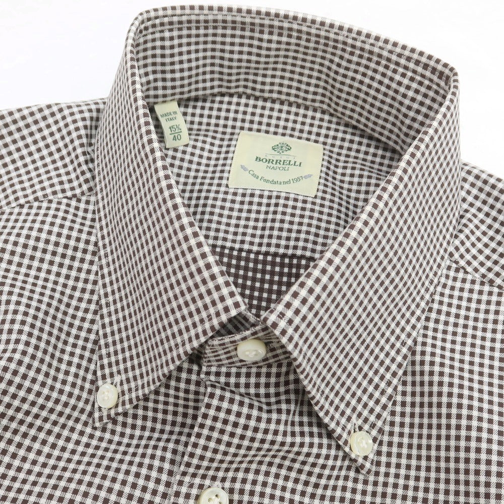 【中古】ルイジ ボレッリ Luigi Borrelli コットン チェック ボタンダウン カジュアルシャツ ブラウンxホワイト【 40 】【 状態ランクC 】【 メンズ 】