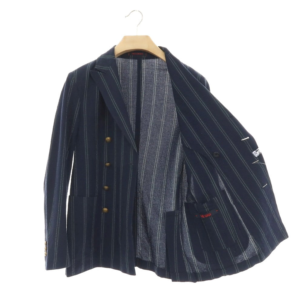【中古】ザ ジジ THE GIGI ストレッチ コットン シアサッカー ストライプ ダブル8B カジュアルジャケット ネイビー【 42 】【 状態ランクC 】【 メンズ 】