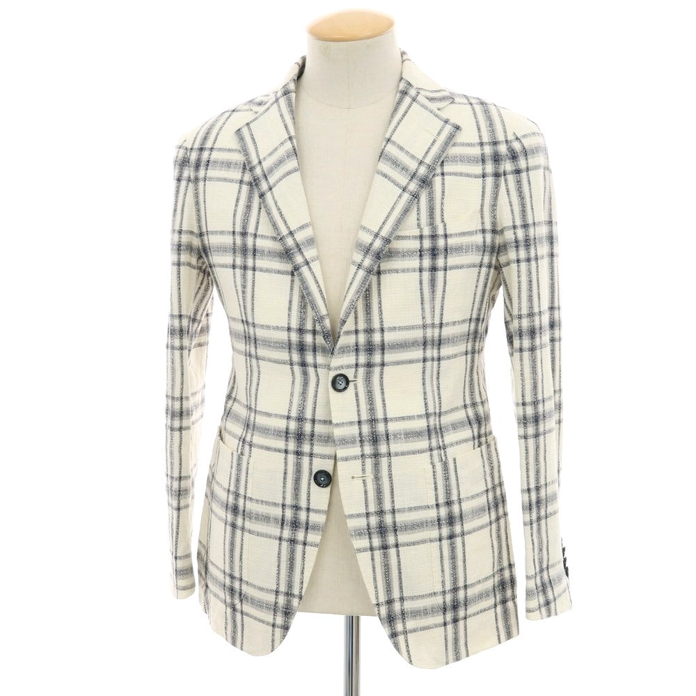 【中古】タリアトーレ TAGLIATORE Brilla per il gusto別注 リネンコットンアクリルナイロン チェック 2B カジュアルジャケット ホワイトxネイビー【 42 】【 状態ランクC 】【 メンズ 】
