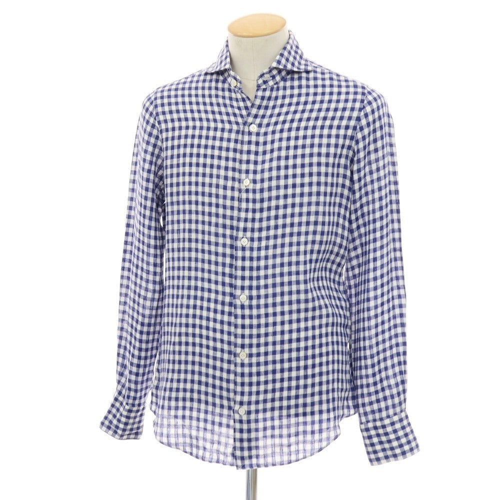 【中古】フィナモレ Finamore リネン ギンガムチェック ホリゾンタルカラー カジュアルシャツ ネイビーxホワイト【サイズ38】【 状態ランクC 】【 メンズ 】