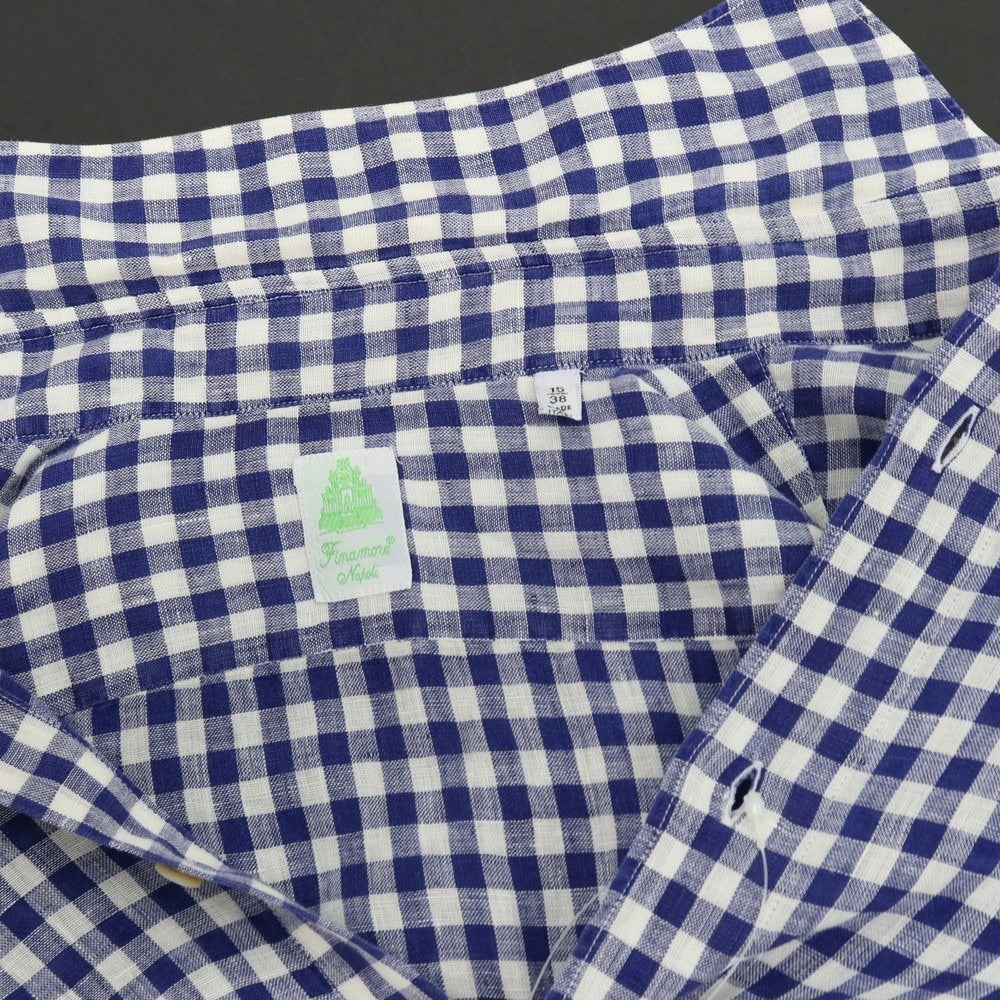 【中古】フィナモレ Finamore リネン ギンガムチェック ホリゾンタルカラー カジュアルシャツ ネイビーxホワイト【サイズ38】【 状態ランクC 】【 メンズ 】
