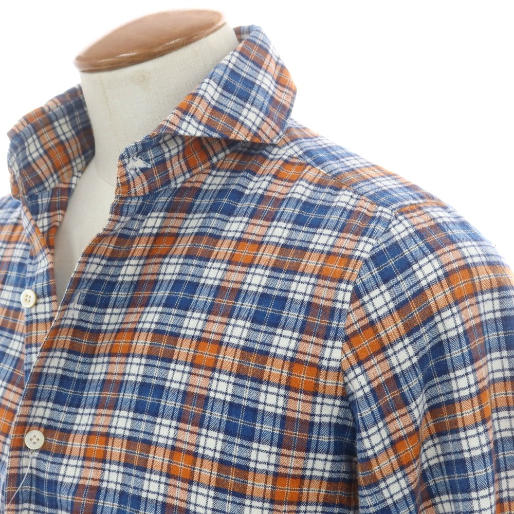 【中古】フィナモレ Finamore コットン チェック カッタウェイ カジュアルシャツ オレンジxブルー×ネイビー【 39 】【 状態ランクC 】【 メンズ 】