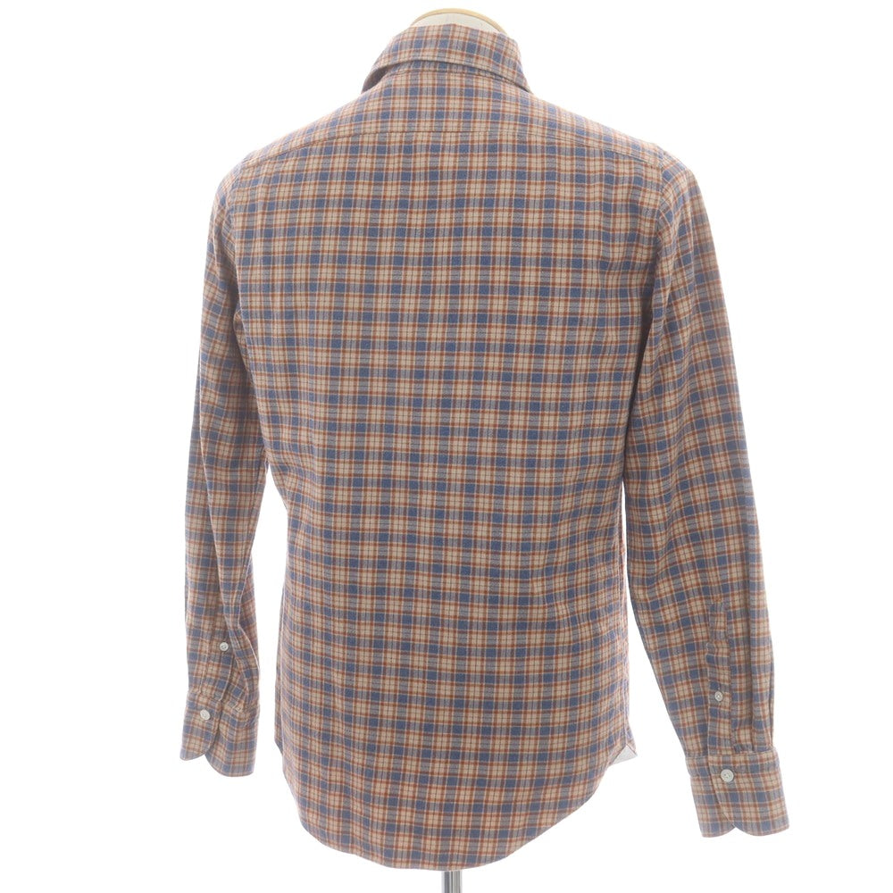 【中古】フィナモレ Finamore コットン チェック ホリゾンタルカラー カジュアルシャツ ベージュxブルー×ブラウン【 38 】【 状態ランクC 】【 メンズ 】