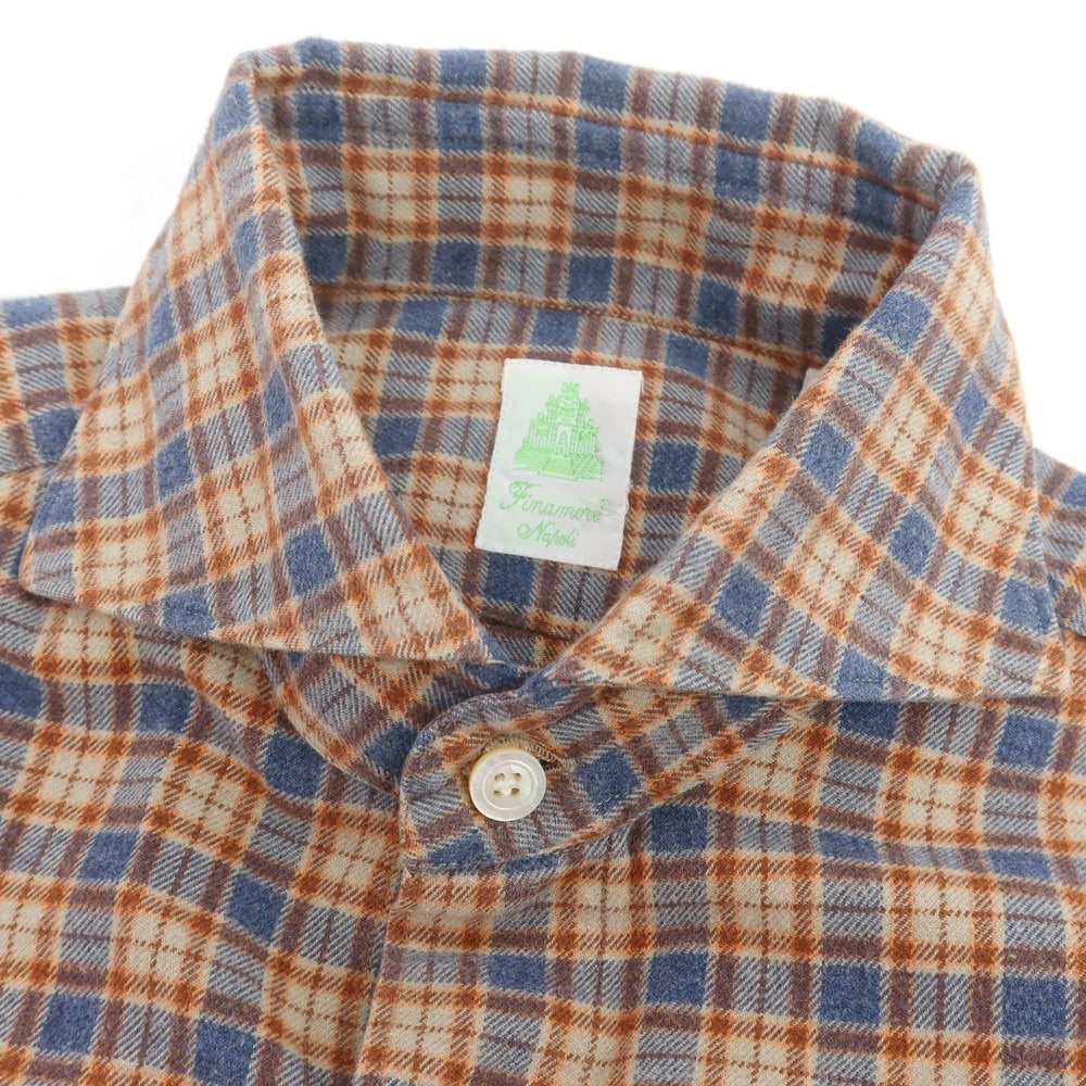 【中古】フィナモレ Finamore コットン チェック ホリゾンタルカラー カジュアルシャツ ベージュxブルー×ブラウン【 38 】【 状態ランクC 】【 メンズ 】