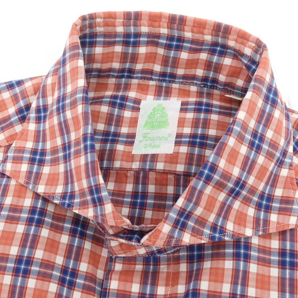 【中古】フィナモレ Finamore コットン チェック ホリゾンタルカラー カジュアルシャツ サーモンピンク系xブルー【 38 】【 状態ランクB 】【 メンズ 】
