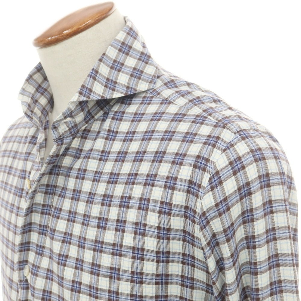 【中古】フィナモレ Finamore コットン チェック カッタウェイ カジュアルシャツ ブラウンxホワイト【 40 】【 状態ランクB 】【 メンズ 】