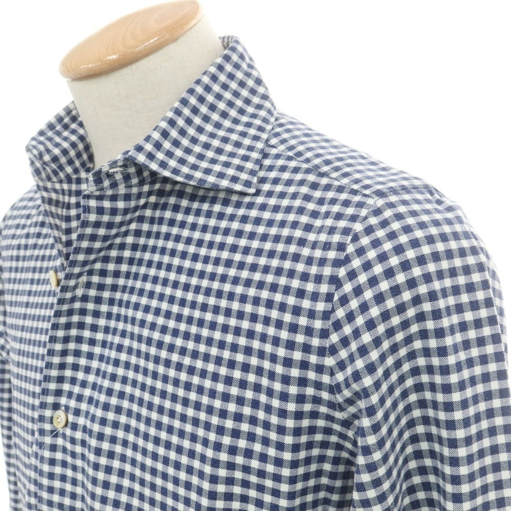 【中古】フィナモレ Finamore コットン ギンガムチェック ワイドカラー カジュアルシャツ ネイビーxホワイト【 38 】【 状態ランクB 】【 メンズ 】