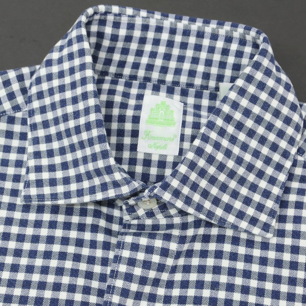 【中古】フィナモレ Finamore コットン ギンガムチェック ワイドカラー カジュアルシャツ ネイビーxホワイト【 38 】【 状態ランクB 】【 メンズ 】