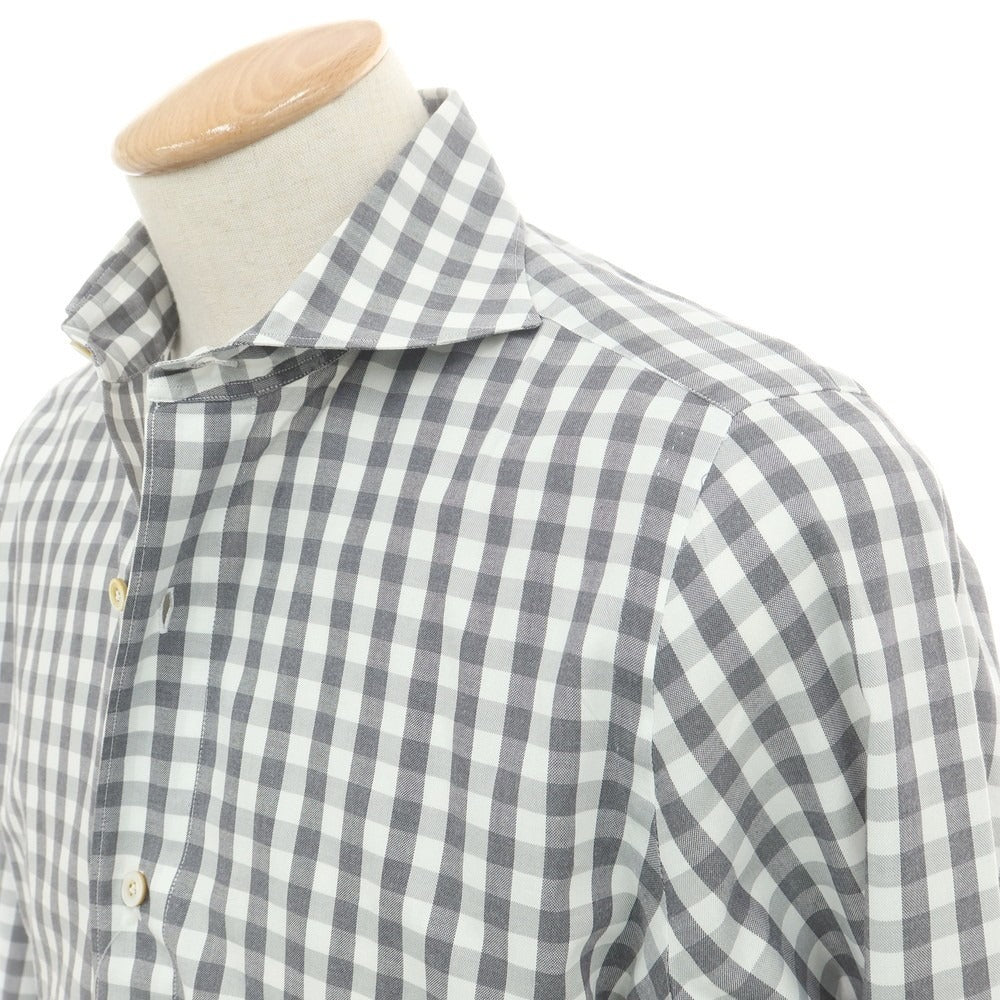 【中古】フィナモレ Finamore コットン ギンガムチェック ホリゾンタルカラー カジュアルシャツ グレーxホワイト【 38 】【 状態ランクB 】【 メンズ 】