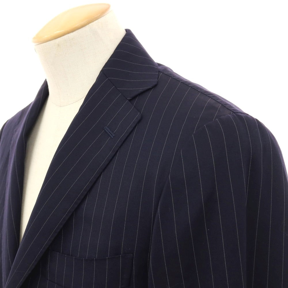 【中古】グジ guji ウール ピンストライプ 3つボタンスーツ ネイビーxホワイト【サイズ表記なし(S位)】【 状態ランクC 】【 メンズ 】