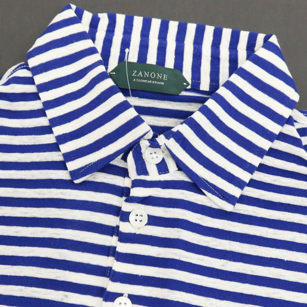 【新品】ザノーネ ZANONE リネンコットン ボーダー 半袖ポロシャツ ロイヤルブルーxホワイト【サイズ48】【 状態ランクN 】【 メンズ 】