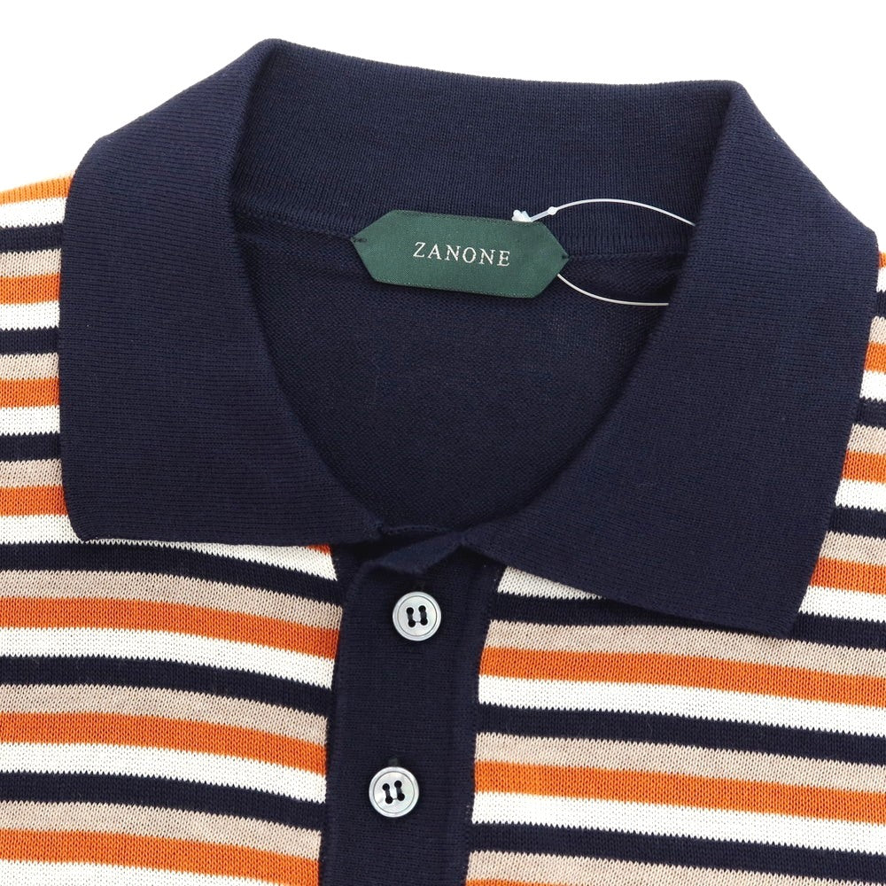 【新品】ザノーネ ZANONE ハイゲージ コットン ボーダー切り替え 半袖 ポロニット ネイビーxオレンジ【サイズ48】【 状態ランクN 】【 メンズ 】