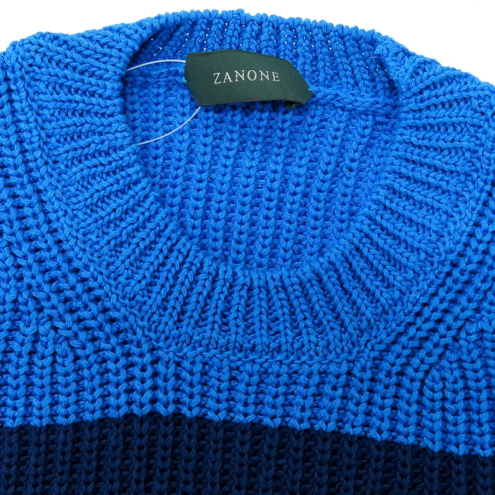 【新品】ザノーネ ZANONE ミドルゲージ コットン ボーダー クルーネック プルオーバーニット ブルーxネイビー【 46 】【 状態ランクN 】【 メンズ 】