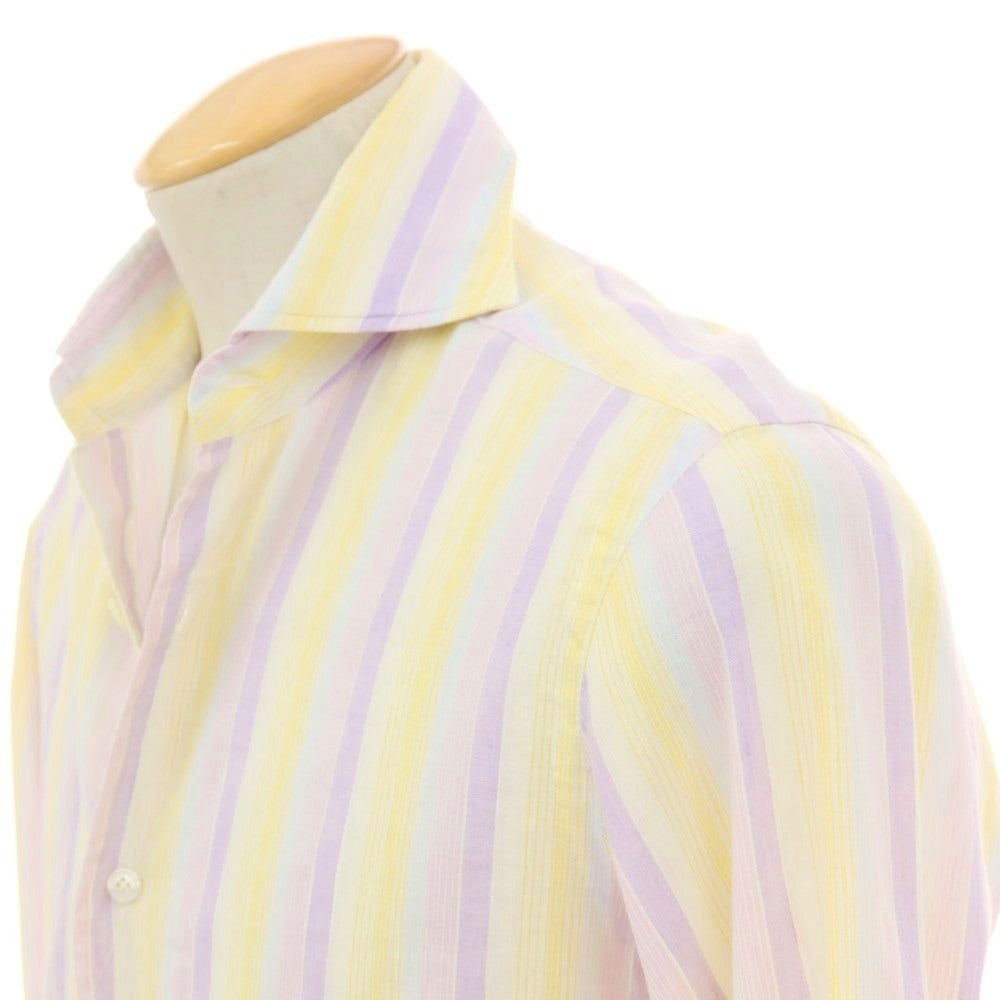 【中古】バルバ ダンディライフ BARBA DANDY LIFE リネンコットン マルチストライプ ホリゾンタルカラー カジュアルシャツ イエローxパープル【サイズ37】【 状態ランクB 】【 メンズ 】