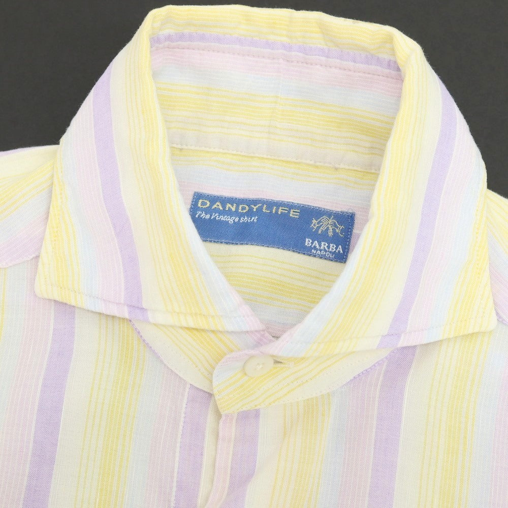 【中古】バルバ ダンディライフ BARBA DANDY LIFE リネンコットン マルチストライプ ホリゾンタルカラー カジュアルシャツ イエローxパープル【サイズ37】【 状態ランクB 】【 メンズ 】