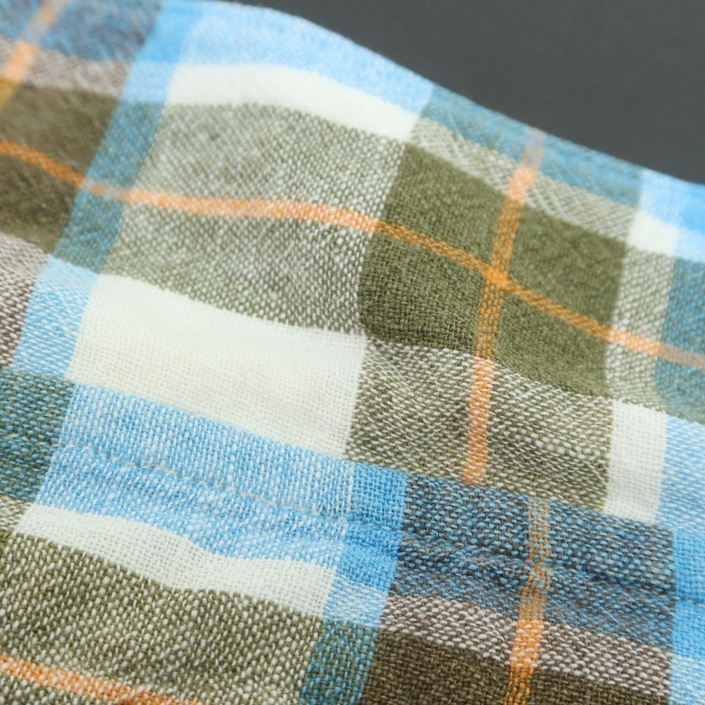 【中古】フィナモレ Finamore リネンコットン チェック ホリゾンタルカラー カジュアルシャツ ライトブルーxブラウン【 S 】【 状態ランクB 】【 メンズ 】