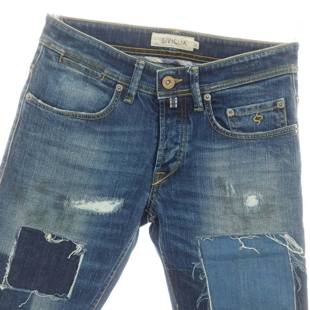 【中古】シビリア SIVIGLIA ダメージ&リペア加工 ストレッチ コットン ジーンズ デニムパンツ ネイビー【 29 】【 状態ランクB 】【 メンズ 】