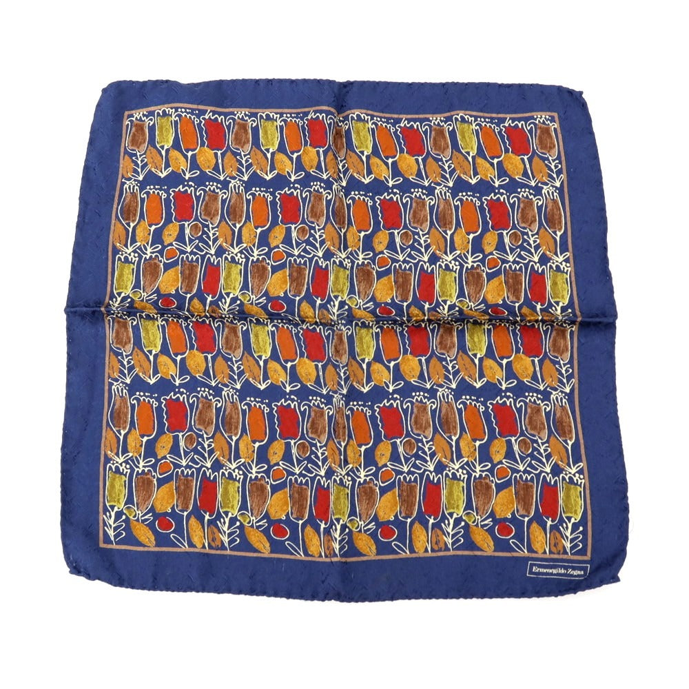 【中古】エルメネジルドゼニア Ermenegildo Zegna シルク プリント ポケットチーフ ネイビーxブラウン系【 状態ランクB 】【 メンズ 】