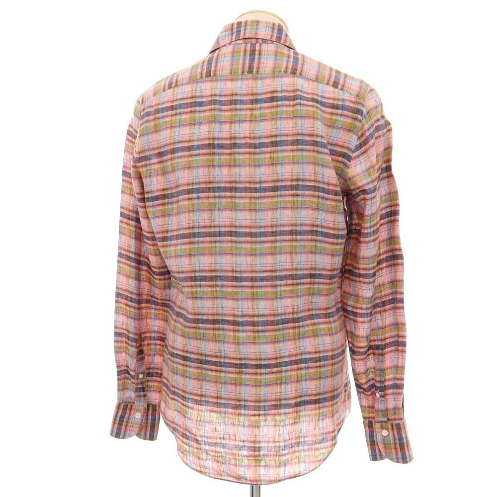 【中古】フィナモレ Finamore リネン チェック ホリゾンタルカラー カジュアルシャツ コーラルピンクxネイビー【サイズ38】【 状態ランクB 】【 メンズ 】