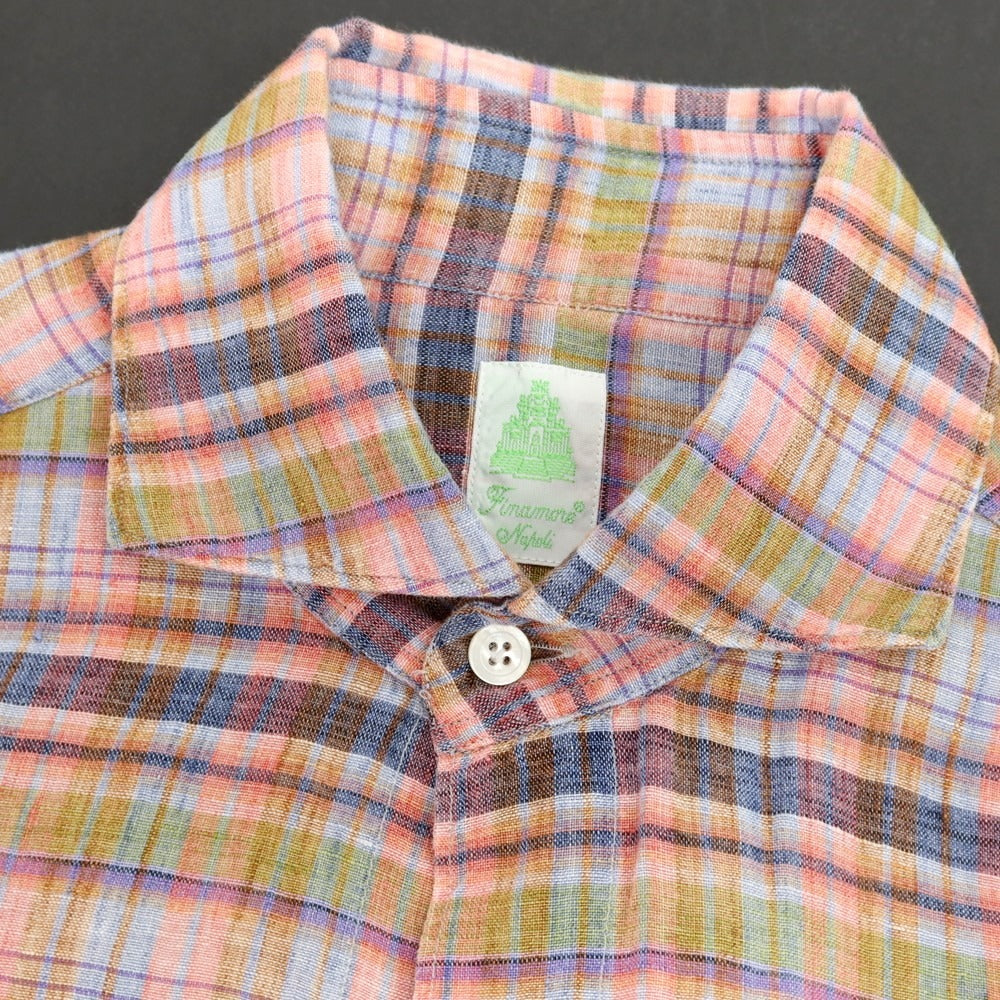 【中古】フィナモレ Finamore リネン チェック ホリゾンタルカラー カジュアルシャツ コーラルピンクxネイビー【サイズ38】【 状態ランクB 】【 メンズ 】