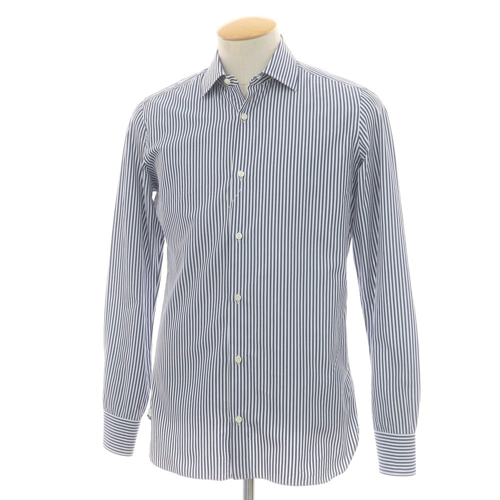 【中古】ルイジ ボレッリ Luigi Borrelli コットン ストライプ セミワイドカラー ドレスシャツ ネイビーxホワイト【 37 】【 状態ランクB 】【 メンズ 】