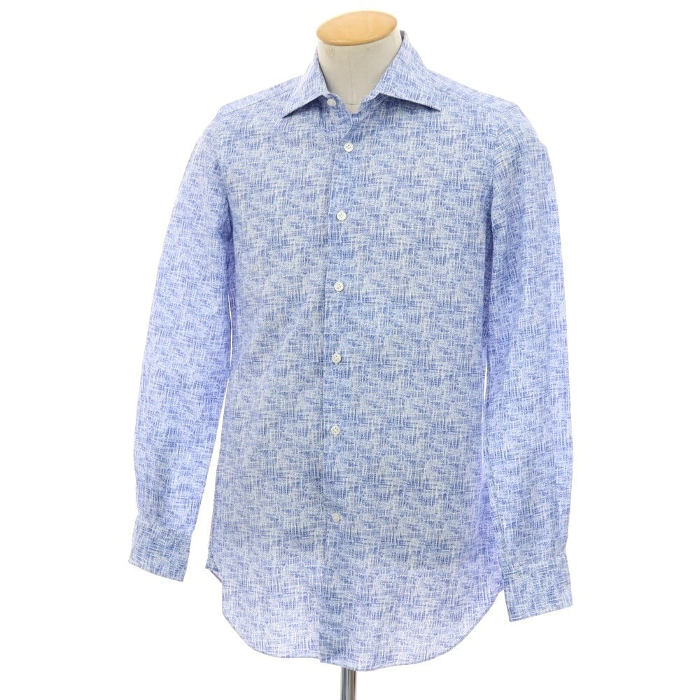 【中古】ヴィンツェンツォ ディ ルジエッロ Vincenzo di Ruggiero コットンリネン 総柄 プリント セミワイドカラー カジュアルシャツ ブルーxホワイト【サイズ38】【 状態ランクB 】【 メンズ 】