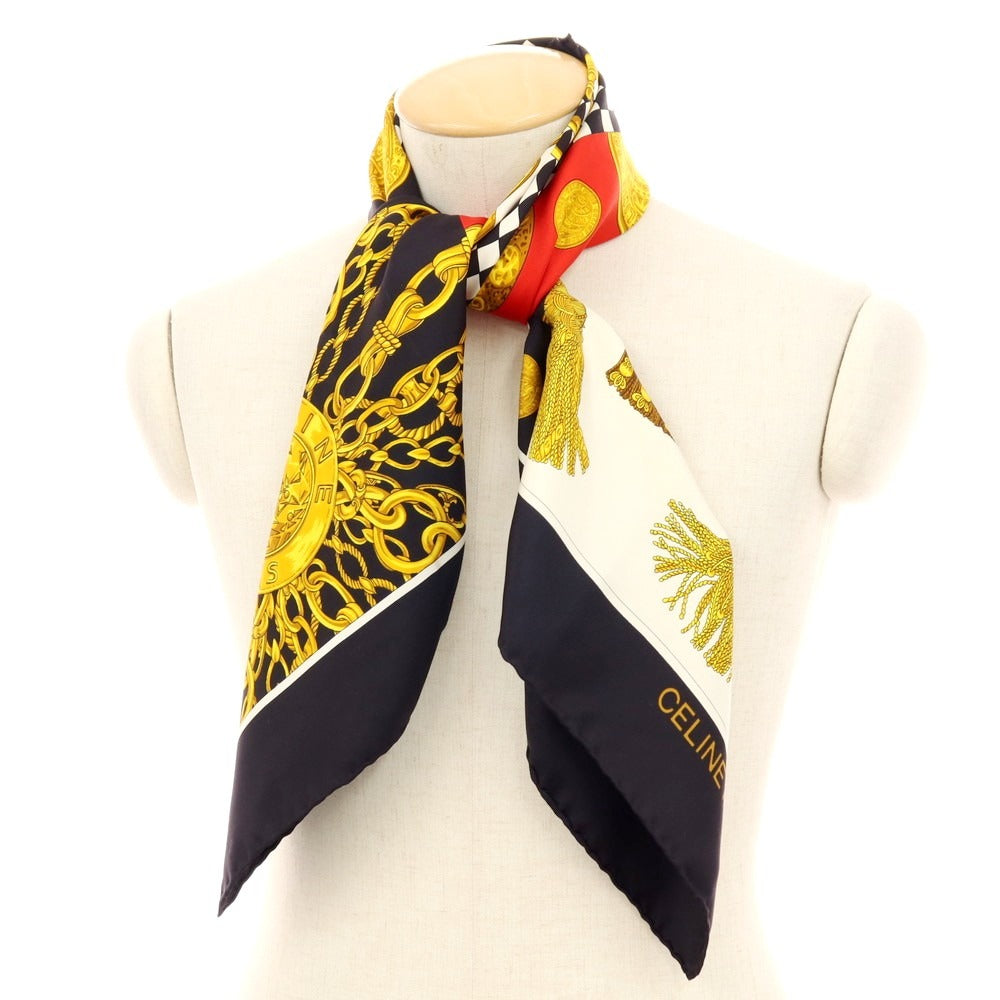 【中古】セリーヌ CELINE シルク スカーフ ブラックxホワイト【 状態ランクB 】【 ユニセックス 】