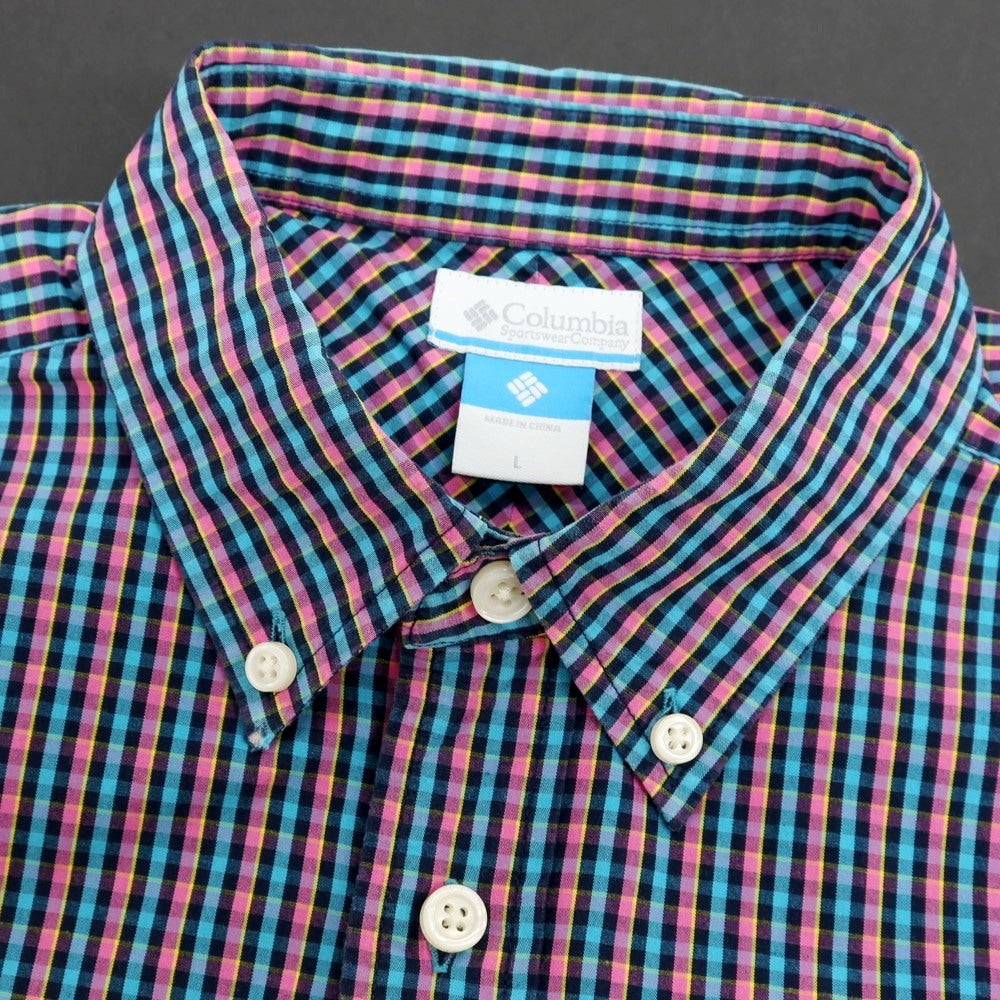 【中古】コロンビア Columbia コットン チェック ボタンダウン 半袖シャツ ブルーxピンク【サイズL】【 状態ランクB 】【 メンズ 】