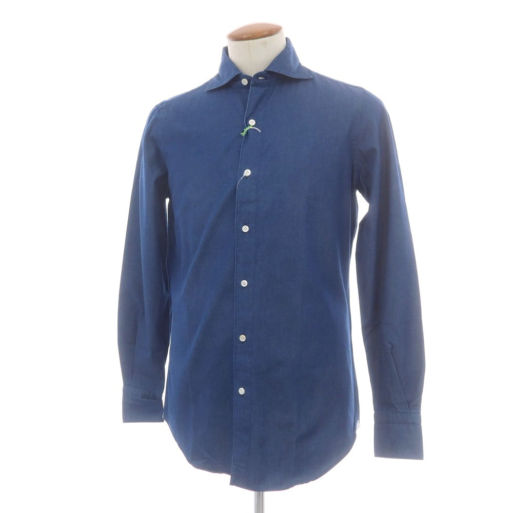 【中古】フィナモレ Finamore コットン ホリゾンタルカラー カジュアルシャツ ネイビーブルー【 39 】【 状態ランクB 】【 メンズ 】