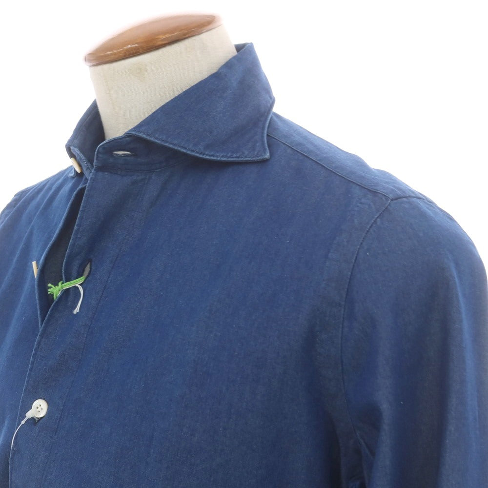 【中古】フィナモレ Finamore コットン ホリゾンタルカラー カジュアルシャツ ネイビーブルー【 39 】【 状態ランクB 】【 メンズ 】