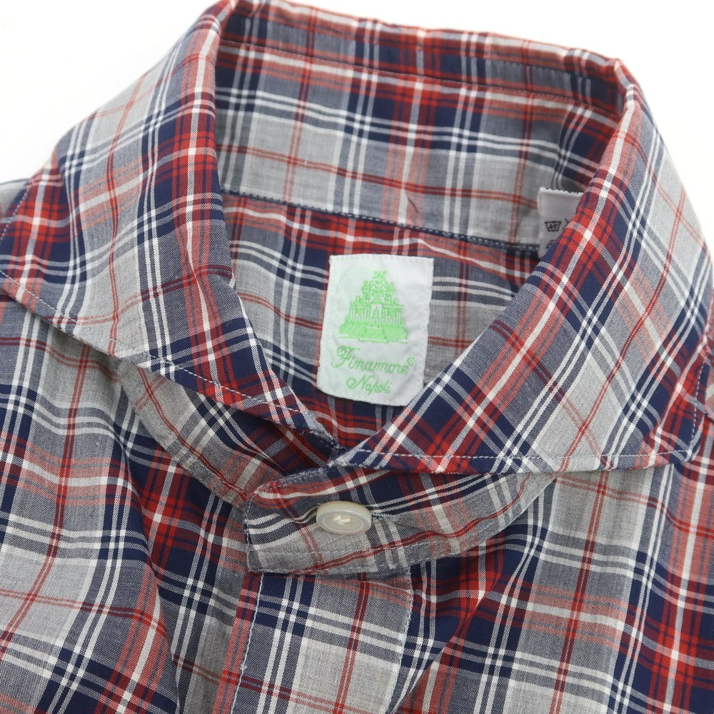 【中古】フィナモレ Finamore コットン チェック カッタウェイ カジュアルシャツ ライトグレーxネイビー×レッド【 38 】【 状態ランクA 】【 メンズ 】