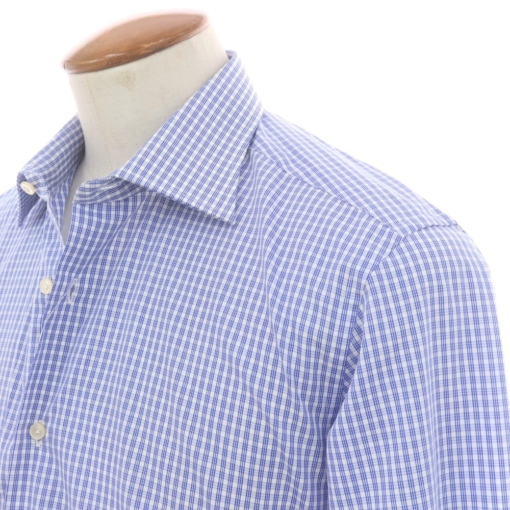 【中古】パルジレリ Pal Zileri コットン チェック セミワイドカラー ドレスシャツ ブルーxホワイト【 39 】【 状態ランクC 】【 メンズ 】