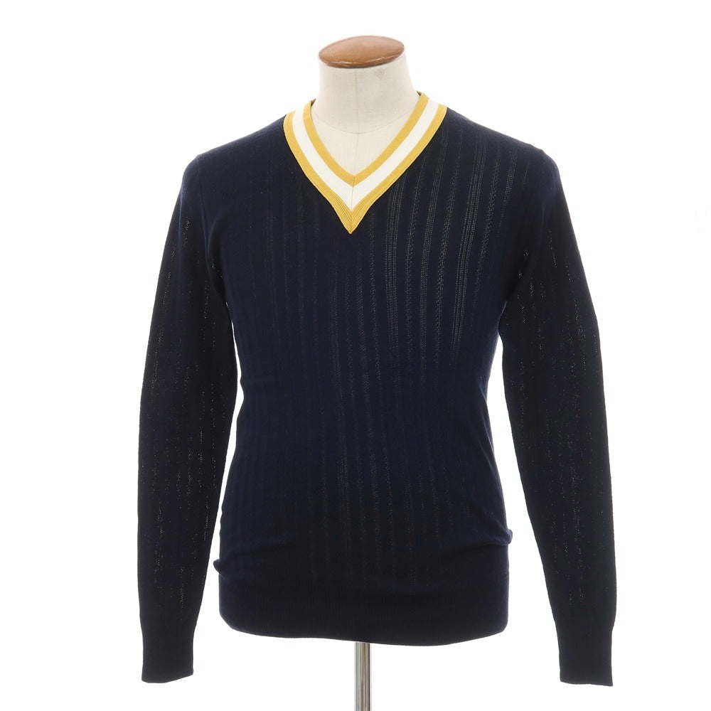 【中古】ルトロワ Letroyes コットン 透かし編み Vネック プルオーバーニット ネイビーxイエロー×ホワイト【サイズ3】【 状態ランクA 】【 メンズ 】