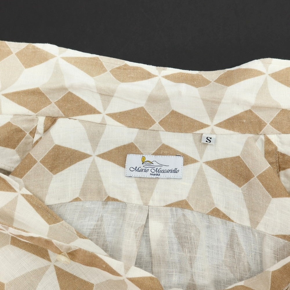 【中古】マリオ ムスカリエッロ Mario Muscariello リネン 総柄 プリント オープンカラー 半袖シャツ ホワイトxライトブラウン【サイズS】【 状態ランクB 】【 メンズ 】