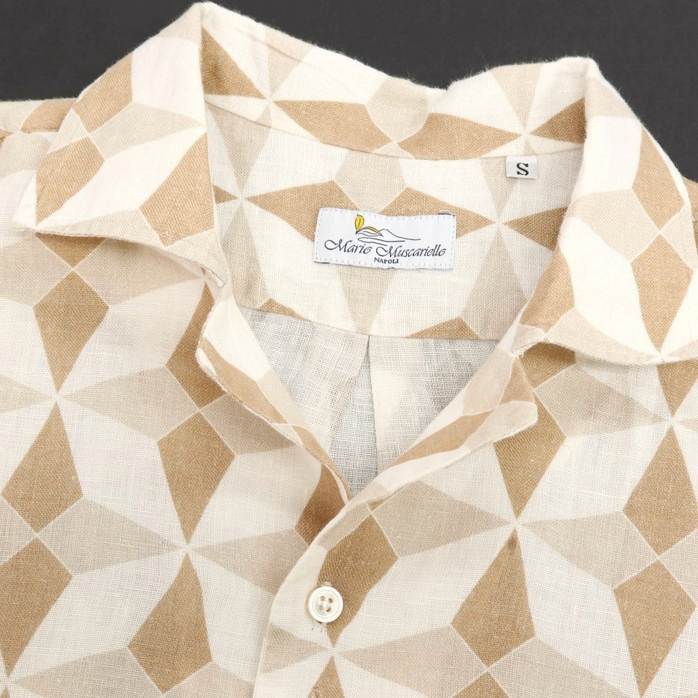【中古】マリオ ムスカリエッロ Mario Muscariello リネン 総柄 プリント オープンカラー 半袖シャツ ホワイトxライトブラウン【サイズS】【 状態ランクB 】【 メンズ 】