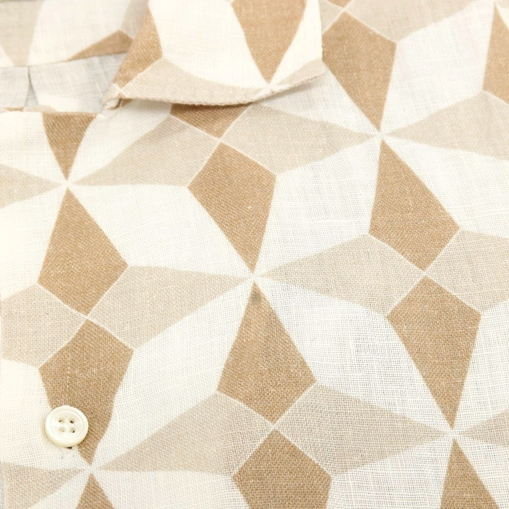 【中古】マリオ ムスカリエッロ Mario Muscariello リネン 総柄 プリント オープンカラー 半袖シャツ ホワイトxライトブラウン【サイズS】【 状態ランクB 】【 メンズ 】