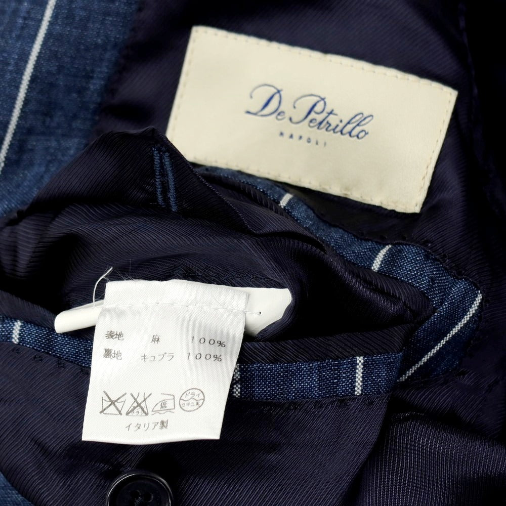 【中古】デペトリロ DE PETRILLO リネン ストライプ 3つボタンスーツ ネイビーブルーxホワイト【サイズ上44/下46】【 状態ランクC 】【 メンズ 】