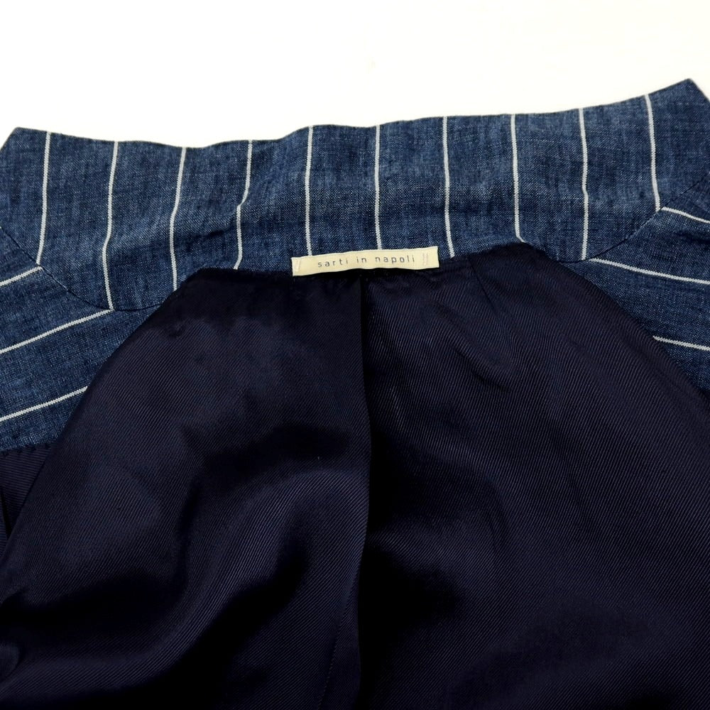 【中古】デペトリロ DE PETRILLO リネン ストライプ 3つボタンスーツ ネイビーブルーxホワイト【サイズ上44/下46】【 状態ランクC 】【 メンズ 】