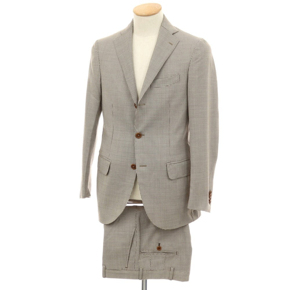 【中古】ガイオラ GAiOLA ウール ハウンドトゥース柄 3つボタンスーツ アイボリーxダークブラウン【サイズ44】【 状態ランクB 】【 メンズ 】