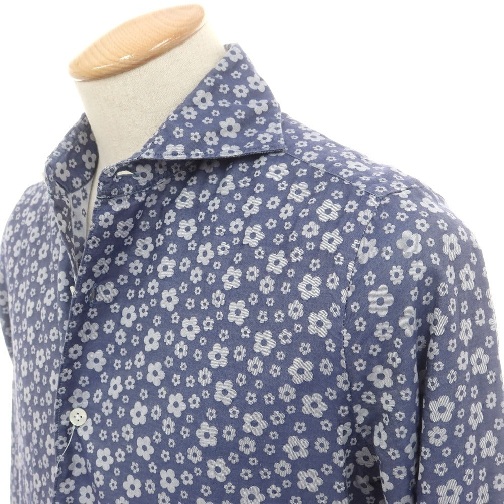 【中古】フィナモレ Finamore コットン フラワー ジャカード ホリゾンタルカラー カジュアルシャツ ライトネイビー【 38 】【 状態ランクC 】【 メンズ 】