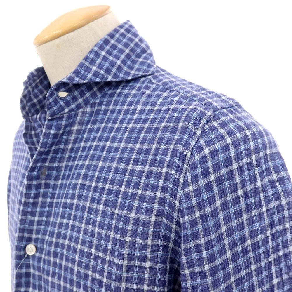 【中古】フィナモレ Finamore リネン チェック カッタウェイ カジュアルシャツ ライトネイビーxブルー【サイズ38】【 状態ランクB 】【 メンズ 】