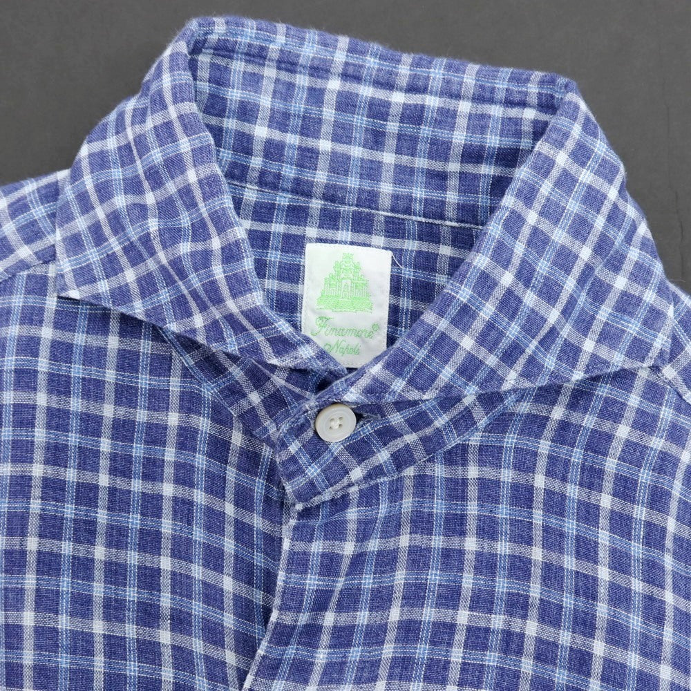 【中古】フィナモレ Finamore リネン チェック カッタウェイ カジュアルシャツ ライトネイビーxブルー【サイズ38】【 状態ランクB 】【 メンズ 】