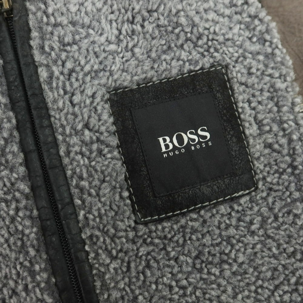 【中古】ヒューゴボス HUGO BOSS ラムムートン ジップアップ レザーブルゾン グレーブラウン【 52 】【 状態ランクC 】【 メンズ 】