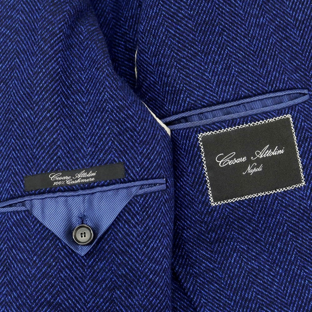 【中古】チェーザレ アットリーニ Cesare Attolini カシミヤ ヘリンボーン 3B テーラードジャケット ブルーネイビー【 46 】【 状態ランクB 】【 メンズ 】