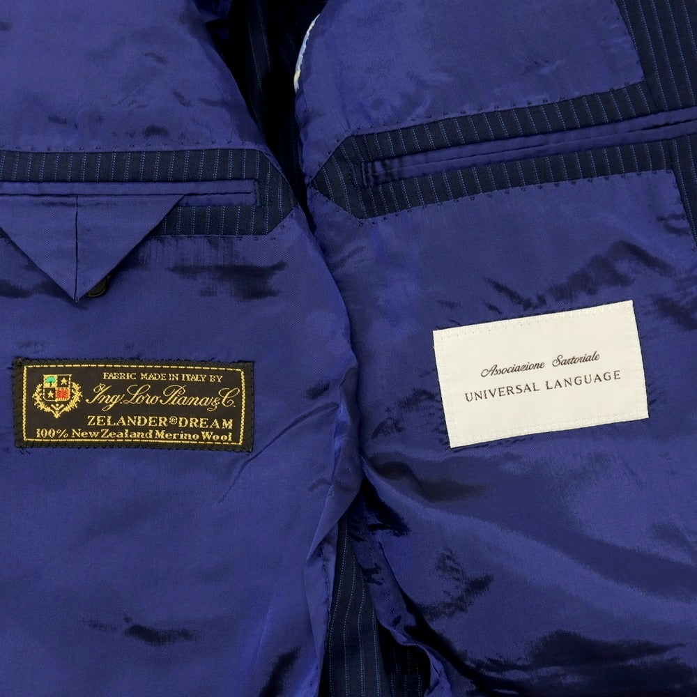 【中古】ユニバーサルランゲージ UNIVERSAL LANGUAGE ウール ストライプ 3つボタンスーツ ネイビーxブルー【サイズ48】【 状態ランクB 】【 メンズ 】